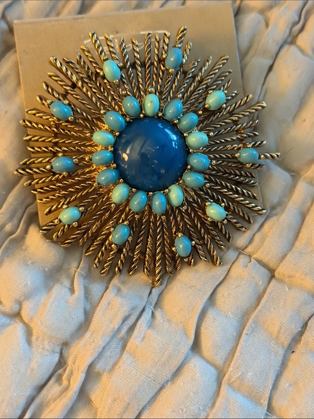 Large sunburst brooch lapis crystal and turquoise colored cabochon stones brooch